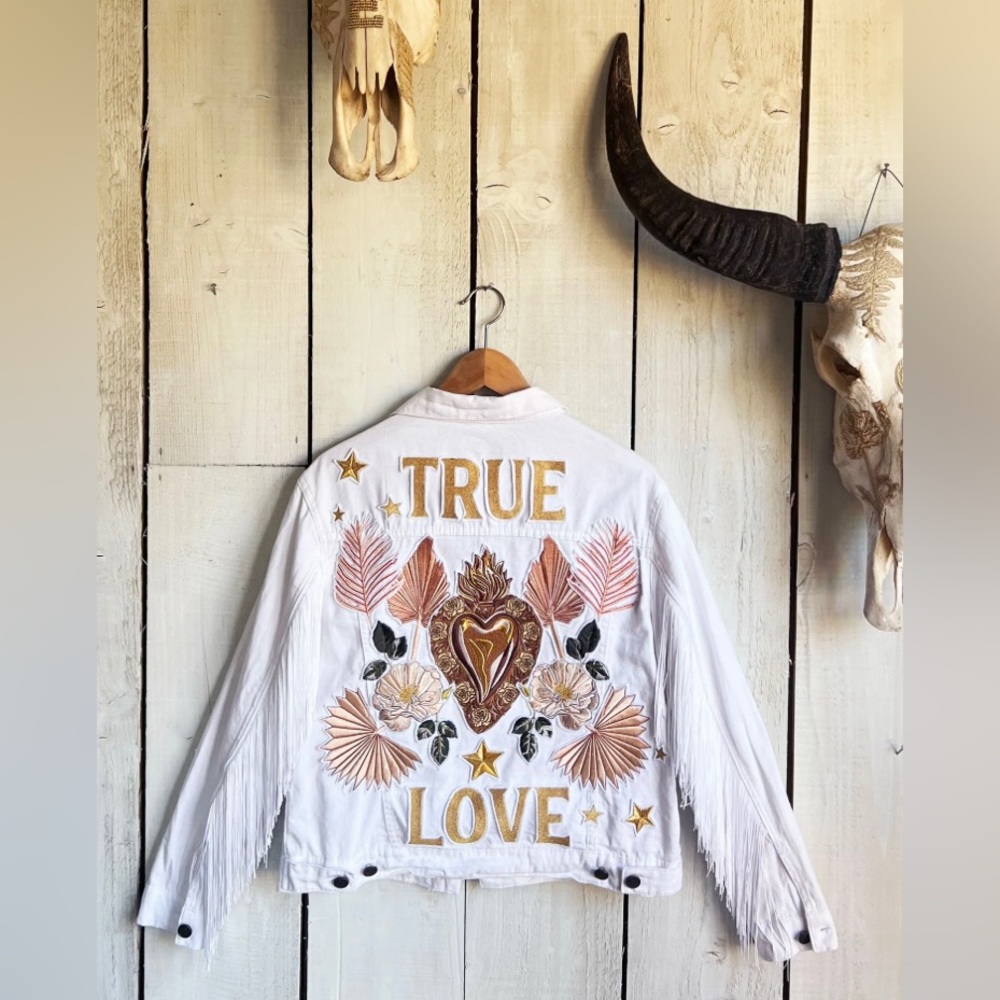Denim And Bone Western Embroidered “True Love” White Tassel Denim Jacket Bridal